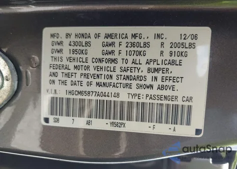 2007 Honda Accord 3.0 Ex from USA, damaged, VIN 1HGCM65877A044148